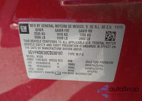 2012 Cadillac Srx Luxury Collection z USA, uszkodzony, nr VIN 3GYFNDE38CS538197